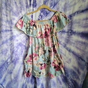 Mts Women's Scrunch Off The Shoulder Floral Blue Mini Dress Size Large